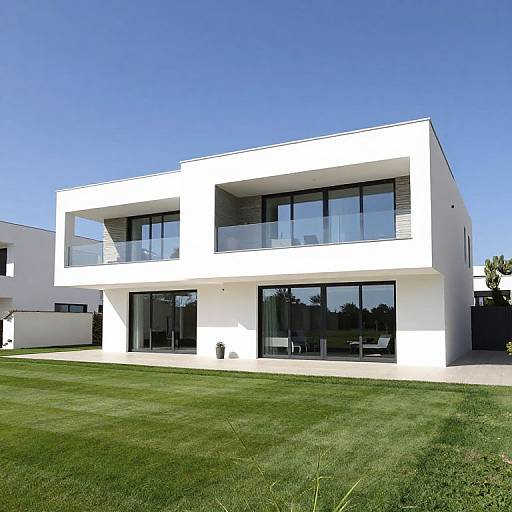 Modern two-story white house with large black-framed glass windows, balconies, and a manicured green lawn under a clear blue sky.