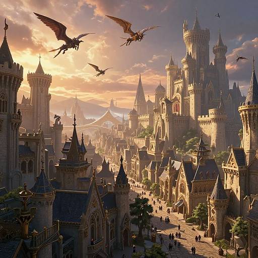 Fantastical digital painting of a grand, sunlit medieval castle city with towering spires, flying dragons, and small figures below, under a dramatic