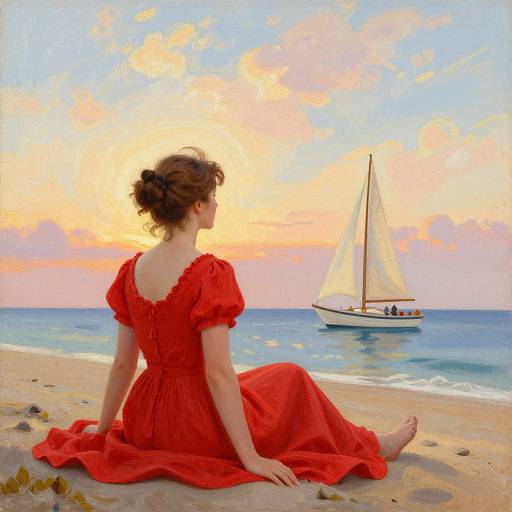 Painting of a woman in a red dress sitting on a beach, watching a sailboat against a sunset sky.