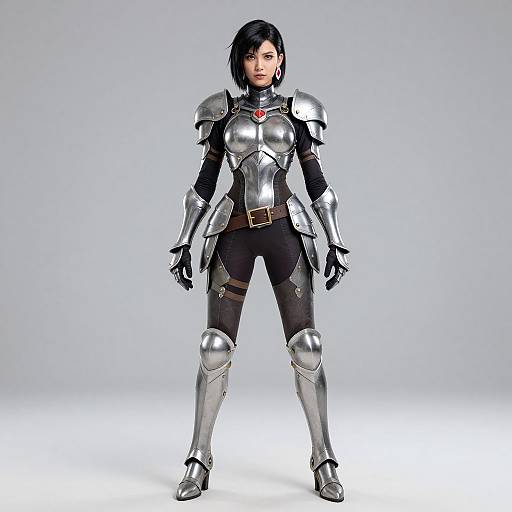 CGI image of a confident woman in silver medieval armor, black bob haircut, black pants, red gem on chest plate, standing against a plain white