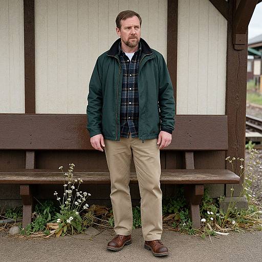 Photograph of a bearded man with short brown hair, wearing a dark green jacket, black plaid shirt, beige pants, and brown shoes,