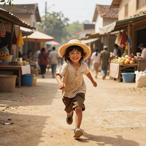 Photograph of a smiling young Asian boy in a straw hat, beige shirt, and brown shorts, running joyfully down a sunlit, bustling village