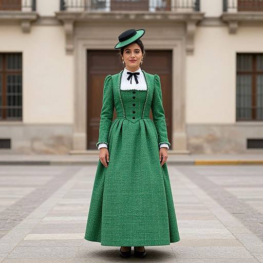 Photograph of a woman in a vintage green dress with white collar and black ribbon, black hat, standing in front of a historic building.
