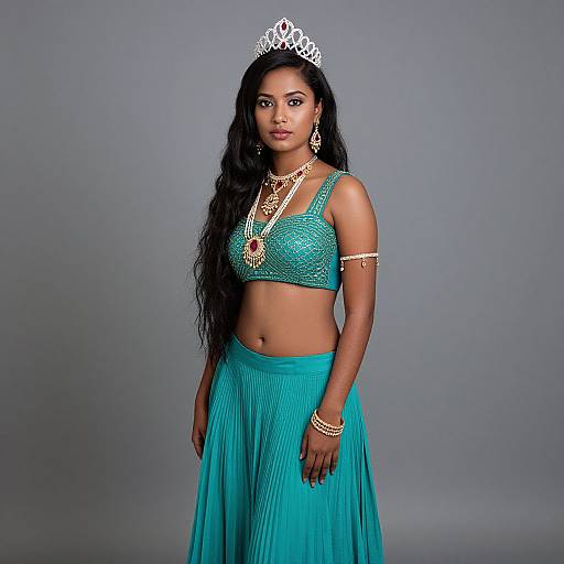 Photograph of a dark-skinned woman with long black hair, wearing a turquoise crop top and flowing skirt, silver tiara, gold jewelry, and
