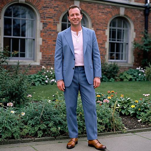 Photograph of a smiling Caucasian man in a blue blazer, white shirt, and brown shoes, standing in a brick building garden.