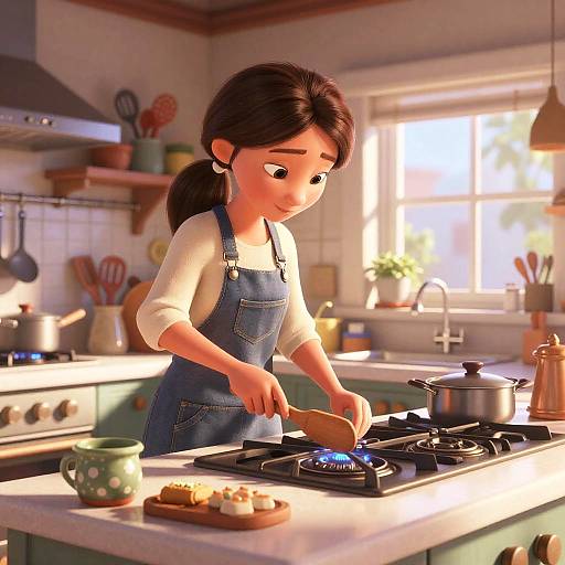 CGI-style image of a young girl with brown hair in a ponytail, wearing a white shirt and blue overalls, cooking on a stove in