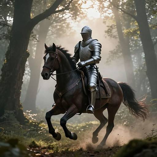Knight on Horseback in Misty Forest