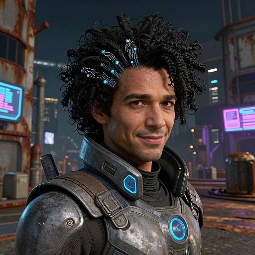 Photorealistic CGI of a curly-haired man with cybernetic enhancements, wearing a futuristic, armored suit in a neon-lit, dystopian city