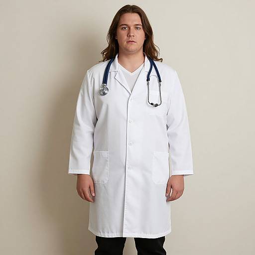 Photograph of a serious-looking, long-haired male doctor with light skin, wearing a white lab coat and stethoscope, standing against a plain white