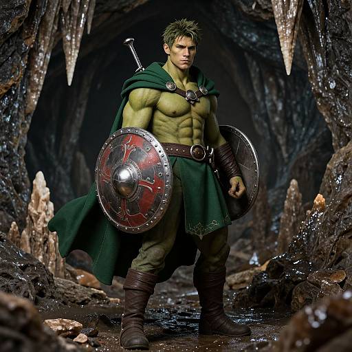 Muscular green-skinned warrior with green cloak, holding shield and sword, stands in dark, rocky cave. CGI fantasy image.