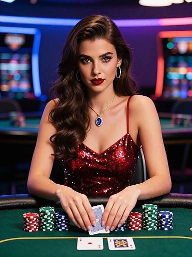 Photorealistic digital image of a beautiful brunette woman in a sequined red dress, holding cards at a casino poker table, surrounded by colorful poker chips