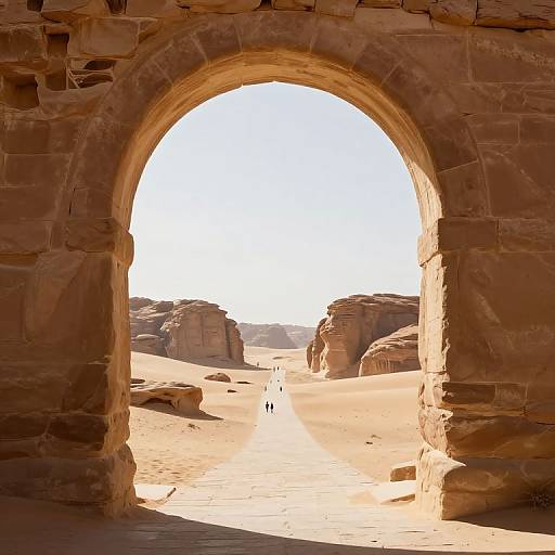 Photograph of a desert landscape viewed through a large, ancient stone archway, with two tiny figures walking in the sandy dunes beyond.