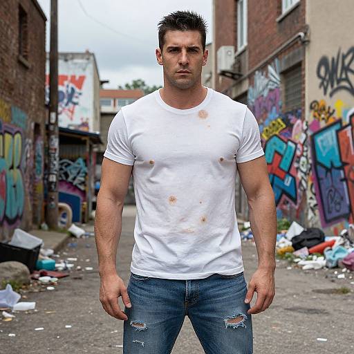 Photograph of a muscular man with short dark hair, wearing a dirty white t-shirt and ripped blue jeans, standing in a graffiti-covered, trash-filled