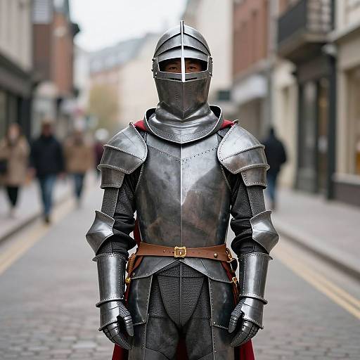 Photograph of a medieval knight in full, shiny black armor with a red belt, standing on a cobblestone street with blurred pedestrians in the background