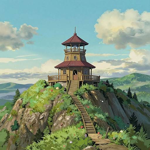 Digital illustration of a quaint, multi-tiered wooden tower with red roof, perched on a grassy, rocky hill, surrounded by lush greenery