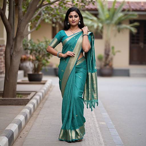 Photograph of a confident Indian woman in a teal and gold saree, standing on a paved walkway with trees and potted plants in the background