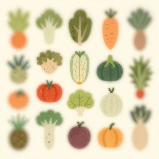 Digital drawing of 16 various vegetables and fruits, including carrots, broccoli, tomatoes, cucumbers, and pineapples, in a grid layout