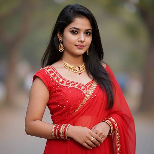 Photograph of an Indian woman with long black hair, wearing a red traditional saree adorned with gold embroidery, jewelry, and a bindi, standing