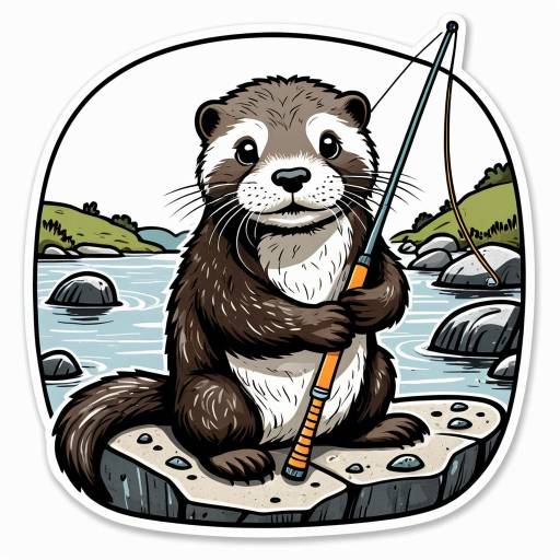 Cartoon Otter Fishing by Riverside Rock