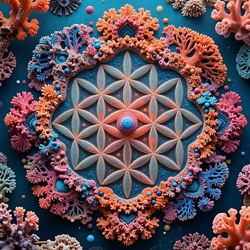 Vibrant digital art of a geometric, blue-centered flower pattern surrounded by colorful, intricate coral-like textures in orange, pink, and blue.