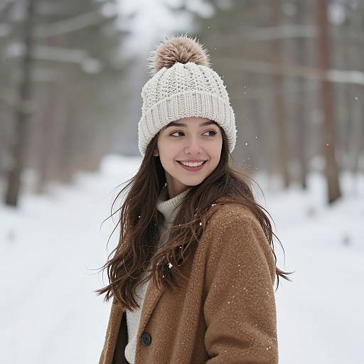 Photograph of a smiling young woman with long brown hair, wearing a white knit hat with a pom-pom, brown coat, and white turt