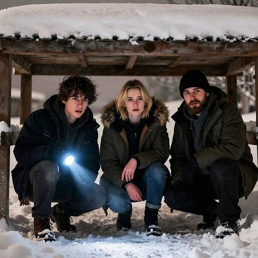 Three People Under Snowy Structure
