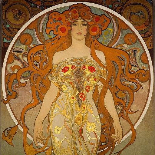 Art Nouveau-style digital illustration of a pale-skinned woman with long, flowing orange hair, wearing an ornate, golden floral dress, set against