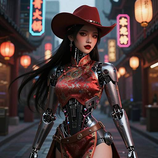 Digital artwork of a cybernetic Asian woman in a red cheongsam and cowboy hat, standing in a neon-lit, bustling Asian street.
