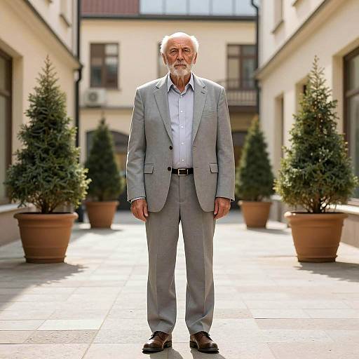 Elderly Man in Gray Suit Standing Outdoors