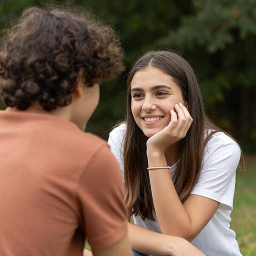 Smiling Woman Leaning on Hand Outdoors