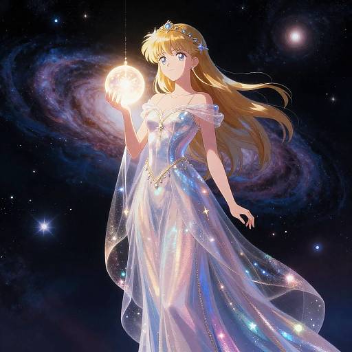 Digital anime-style drawing of a blonde princess in a shimmering, star-embellished gown, holding a glowing orb, set against a cosmic background