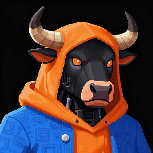 Pixel art of a black anthropomorphic bull with orange eyes, wearing an orange hooded jacket over a blue patterned coat, with prominent horns against a
