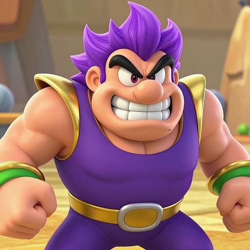 Muscular Cartoon Character with Purple Hair