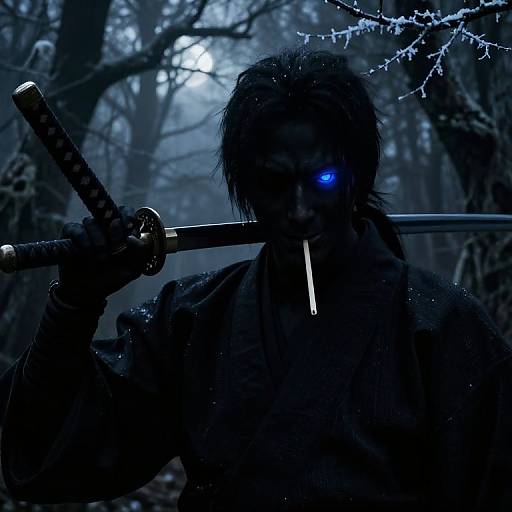 Silhouetted samurai with glowing blue eye, cigarette in mouth, holds katana in dark, misty forest; digital art in dark,