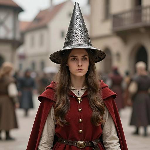 Young Woman in Ornate Metallic Cone Hat and Red Medieval Costume