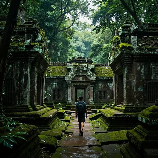Photograph of a lone figure in a dark blue dress walking through a moss-covered, ancient temple ruin surrounded by dense, green forest. Sunlight filters