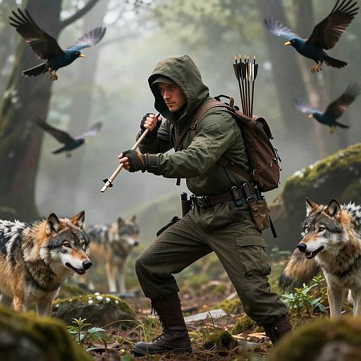 Stealthy Male Ranger in Misty Forest