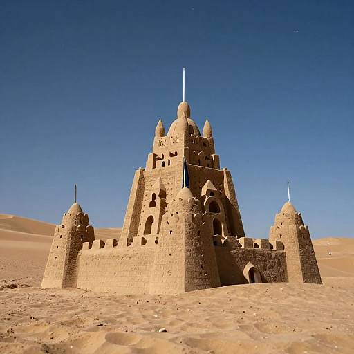 Photograph of a large, intricate sandcastle with multiple towers and domes, set against a clear, deep blue sky and sandy desert landscape.