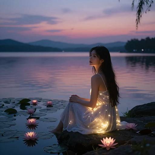Woman Sitting by Tranquil Lakeside at Dusk