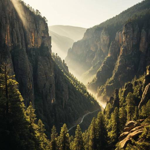 Sunlit Pine Forest Canyon with Mist
