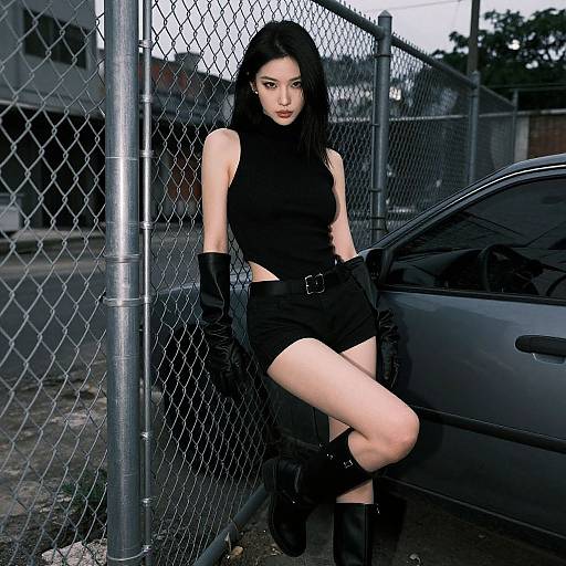 Photograph of an Asian woman with long black hair, wearing a black sleeveless top, shorts, gloves, and boots, leaning against a chain-link