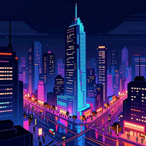 Pixelated Cyberpunk Skyline Art