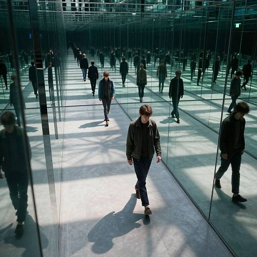 Photograph of a modern glass-walled corridor with reflections, showing numerous people in dark clothing walking, casting shadows on the illuminated floor.