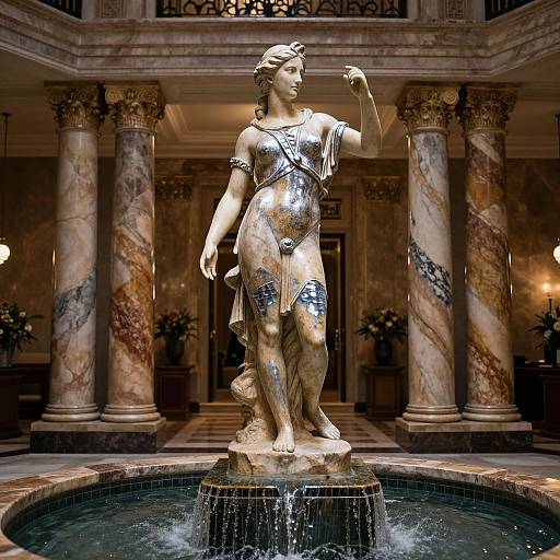 Photograph of a shiny, silver-colored, classical-style statue of a draped woman with one arm raised, standing in a marble-lined fountain, surrounded by