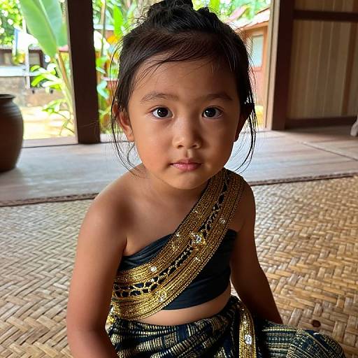 Photograph of a young Asian girl with dark hair in a bun, wearing a black one-shoulder top with gold patterned sash, sitting