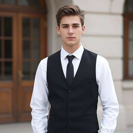 Photograph of a young man with short brown hair, wearing a black vest over a white dress shirt and black tie, standing in front of a wooden