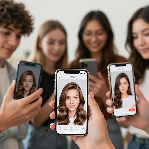 Photograph of five diverse young women with smartphones, focusing on a central screen displaying a smiling woman's portrait. Blurred background, bright lighting.