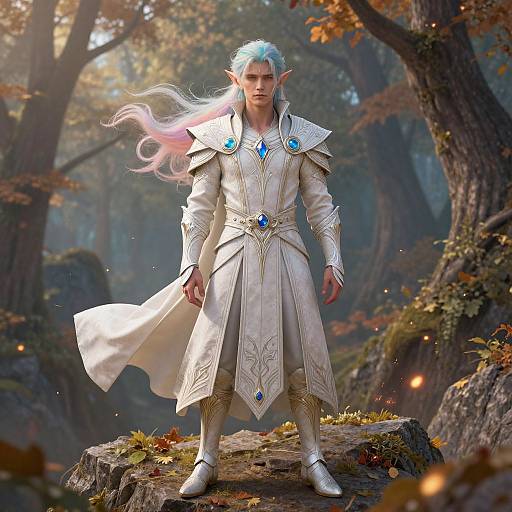 Digital fantasy artwork: Elven warrior with white hair, pointed ears, white ornate robe, blue gemstones, standing in autumn forest.