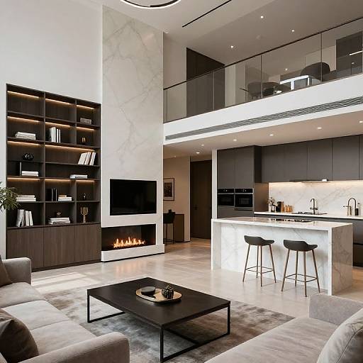 Modern living room photograph: sleek black cabinets, white marble fireplace, open kitchen with bar stools, minimalist decor, gray sofas, black coffee table.