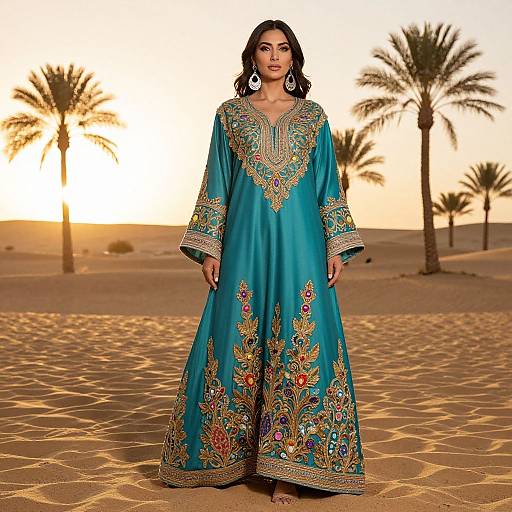 Photograph of a woman with dark hair, wearing a turquoise traditional dress with gold and colorful embroidery, standing in a desert with palm trees at sunset.